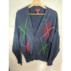 Arbor Way Sweater Mens Large Navy Cardigan Argyle Ramie Knit V Neck Grandpa